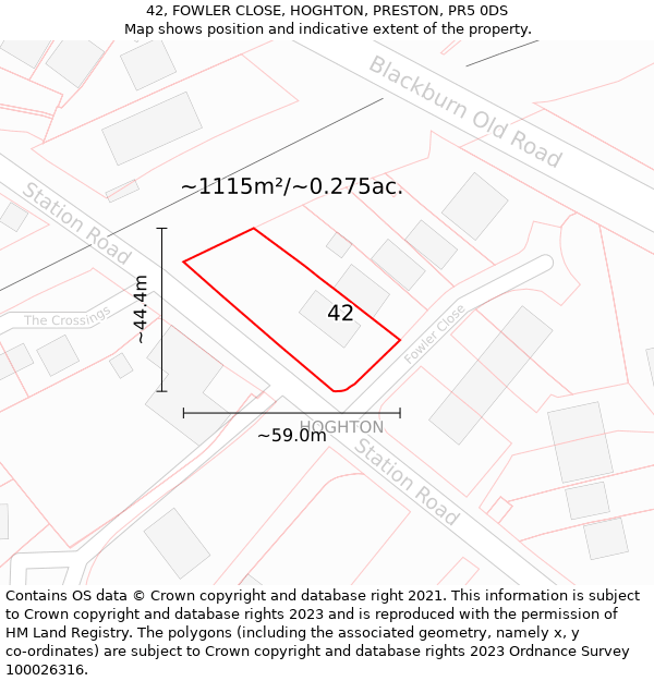 42, FOWLER CLOSE, HOGHTON, PRESTON, PR5 0DS: Plot and title map