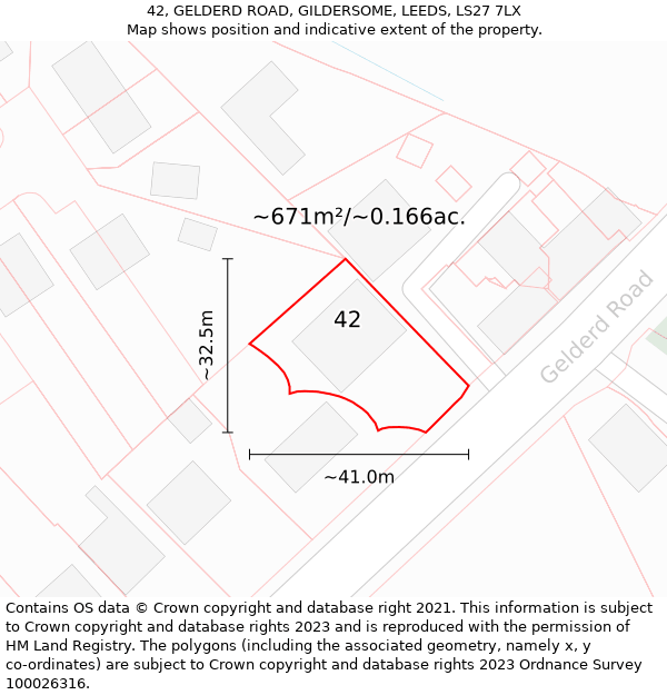 42, GELDERD ROAD, GILDERSOME, LEEDS, LS27 7LX: Plot and title map