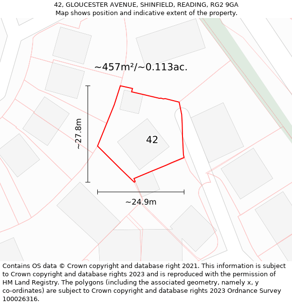 42, GLOUCESTER AVENUE, SHINFIELD, READING, RG2 9GA: Plot and title map