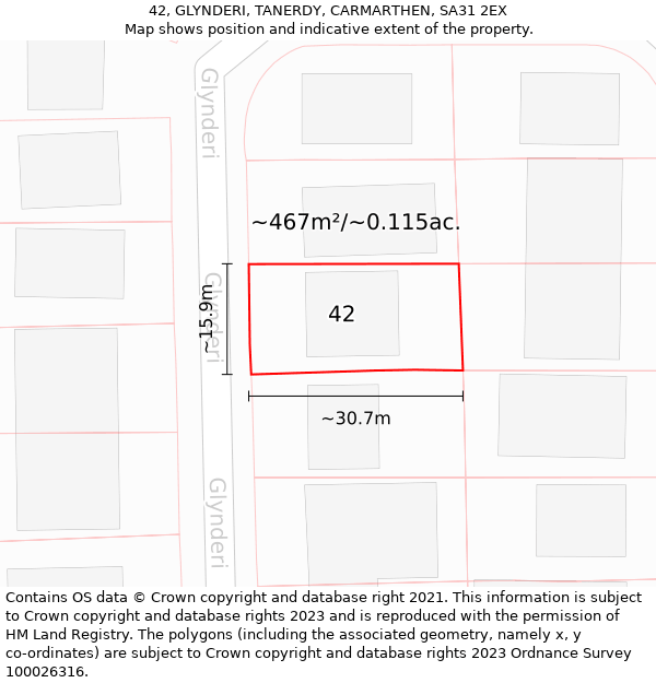 42, GLYNDERI, TANERDY, CARMARTHEN, SA31 2EX: Plot and title map