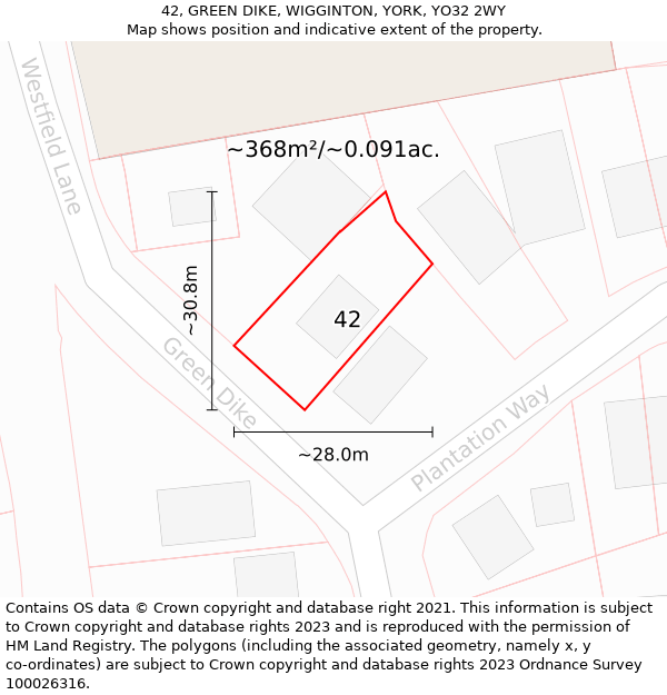 42, GREEN DIKE, WIGGINTON, YORK, YO32 2WY: Plot and title map