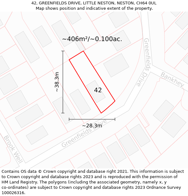 42, GREENFIELDS DRIVE, LITTLE NESTON, NESTON, CH64 0UL: Plot and title map