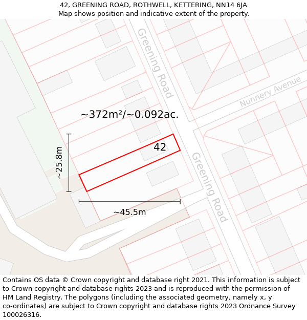 42, GREENING ROAD, ROTHWELL, KETTERING, NN14 6JA: Plot and title map