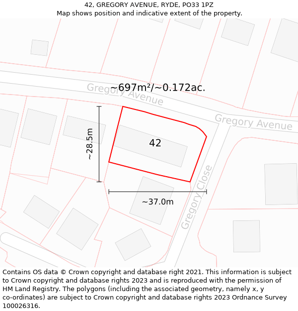 42, GREGORY AVENUE, RYDE, PO33 1PZ: Plot and title map