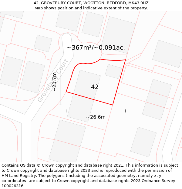 42, GROVEBURY COURT, WOOTTON, BEDFORD, MK43 9HZ: Plot and title map