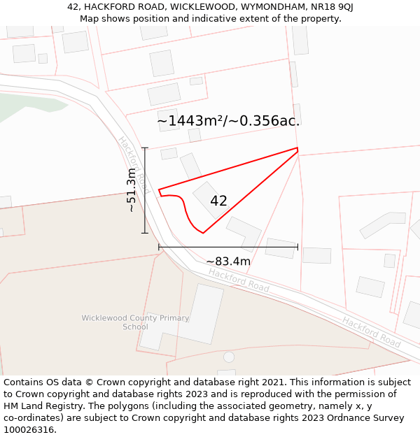 42, HACKFORD ROAD, WICKLEWOOD, WYMONDHAM, NR18 9QJ: Plot and title map