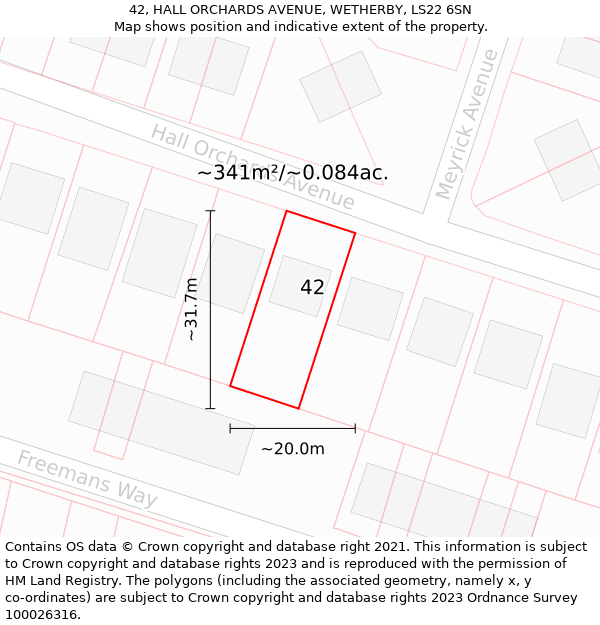 42, HALL ORCHARDS AVENUE, WETHERBY, LS22 6SN: Plot and title map