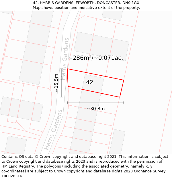 42, HARRIS GARDENS, EPWORTH, DONCASTER, DN9 1GX: Plot and title map