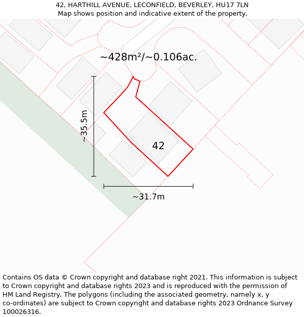 42, HARTHILL AVENUE, LECONFIELD, BEVERLEY, HU17 7LN: Plot and title map