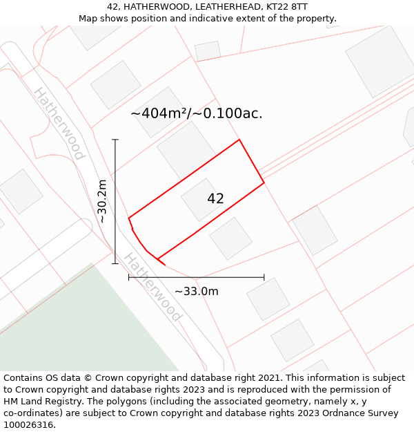 42, HATHERWOOD, LEATHERHEAD, KT22 8TT: Plot and title map