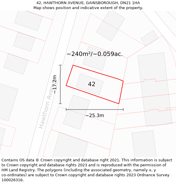 42, HAWTHORN AVENUE, GAINSBOROUGH, DN21 1HA: Plot and title map