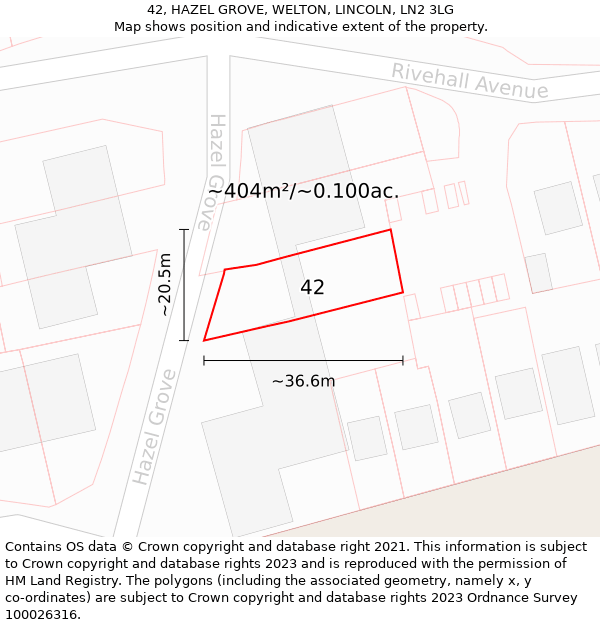 42, HAZEL GROVE, WELTON, LINCOLN, LN2 3LG: Plot and title map