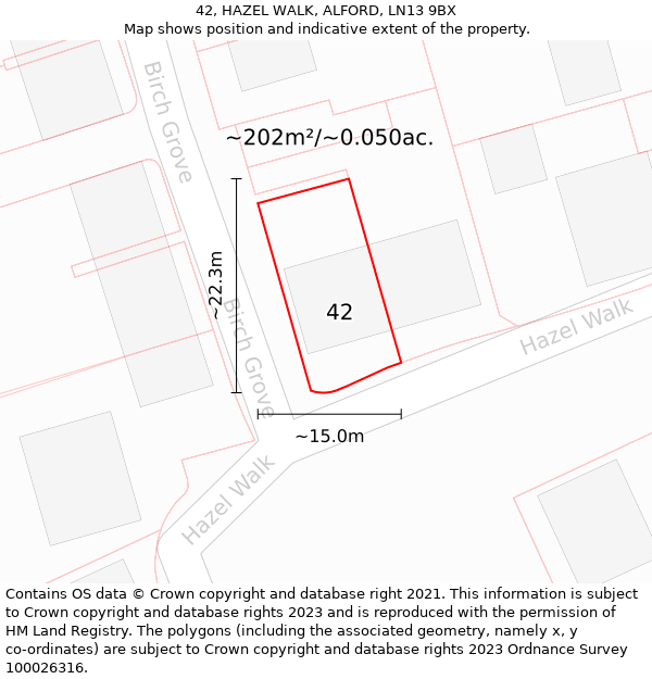 42, HAZEL WALK, ALFORD, LN13 9BX: Plot and title map