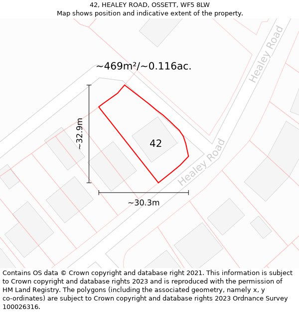 42, HEALEY ROAD, OSSETT, WF5 8LW: Plot and title map