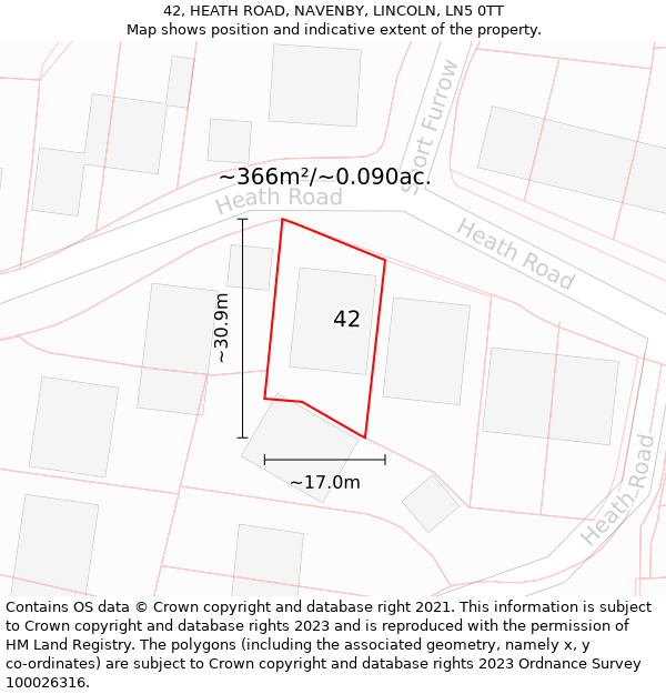 42, HEATH ROAD, NAVENBY, LINCOLN, LN5 0TT: Plot and title map