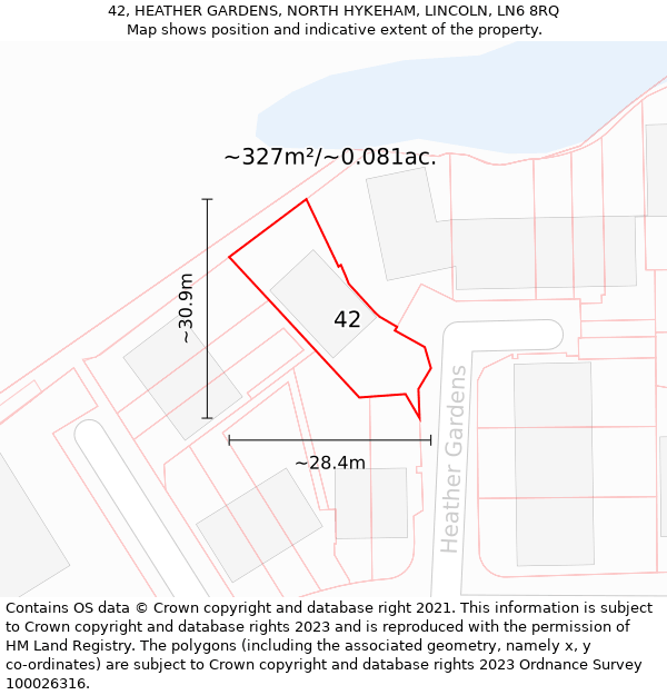 42, HEATHER GARDENS, NORTH HYKEHAM, LINCOLN, LN6 8RQ: Plot and title map