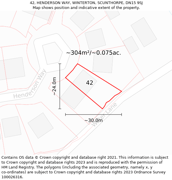 42, HENDERSON WAY, WINTERTON, SCUNTHORPE, DN15 9SJ: Plot and title map