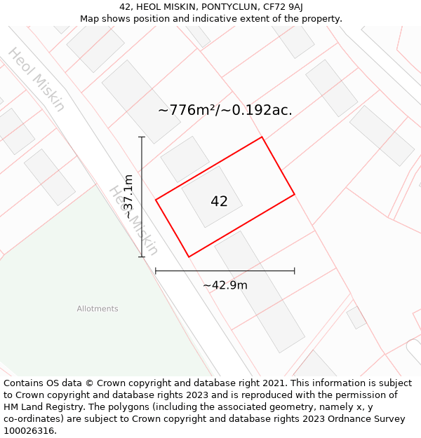 42, HEOL MISKIN, PONTYCLUN, CF72 9AJ: Plot and title map