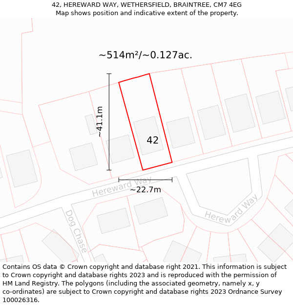 42, HEREWARD WAY, WETHERSFIELD, BRAINTREE, CM7 4EG: Plot and title map