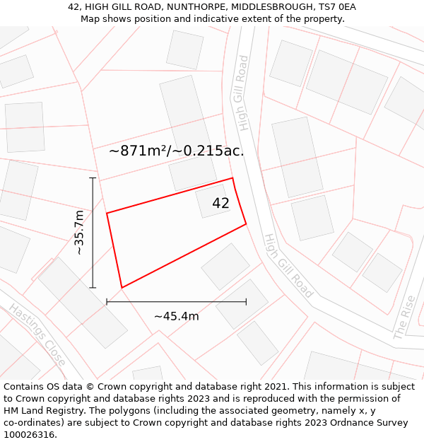 42, HIGH GILL ROAD, NUNTHORPE, MIDDLESBROUGH, TS7 0EA: Plot and title map
