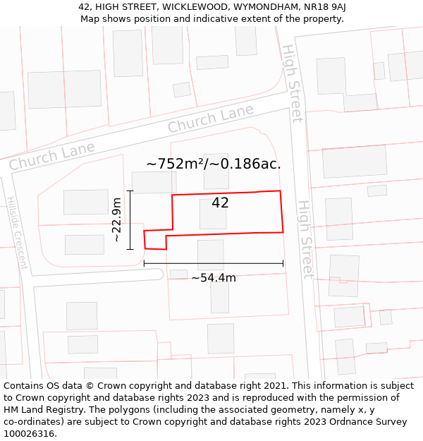 42, HIGH STREET, WICKLEWOOD, WYMONDHAM, NR18 9AJ: Plot and title map