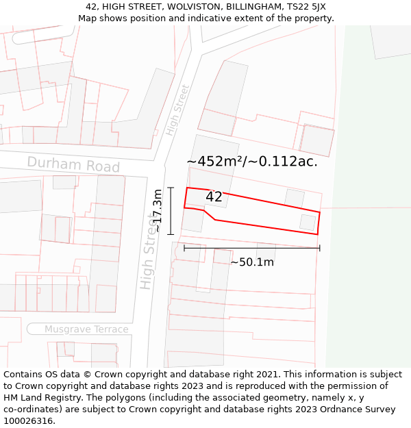 42, HIGH STREET, WOLVISTON, BILLINGHAM, TS22 5JX: Plot and title map