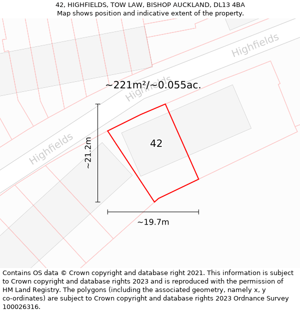 42, HIGHFIELDS, TOW LAW, BISHOP AUCKLAND, DL13 4BA: Plot and title map