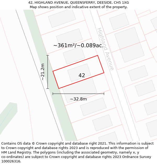 42, HIGHLAND AVENUE, QUEENSFERRY, DEESIDE, CH5 1XG: Plot and title map