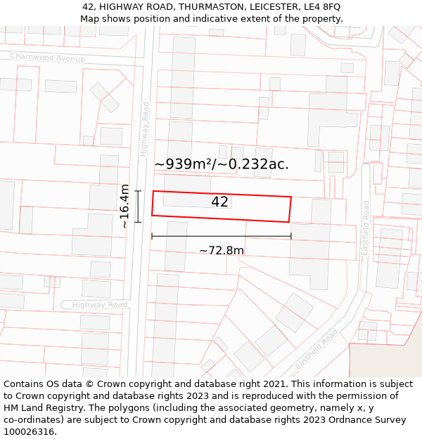 42, HIGHWAY ROAD, THURMASTON, LEICESTER, LE4 8FQ: Plot and title map