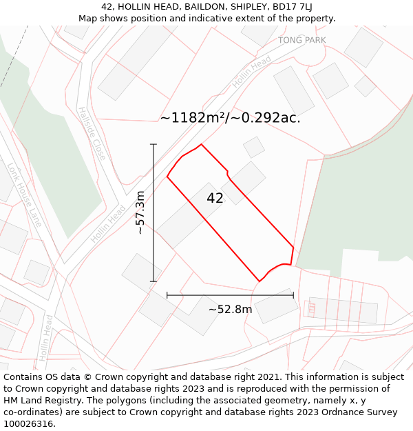 42, HOLLIN HEAD, BAILDON, SHIPLEY, BD17 7LJ: Plot and title map