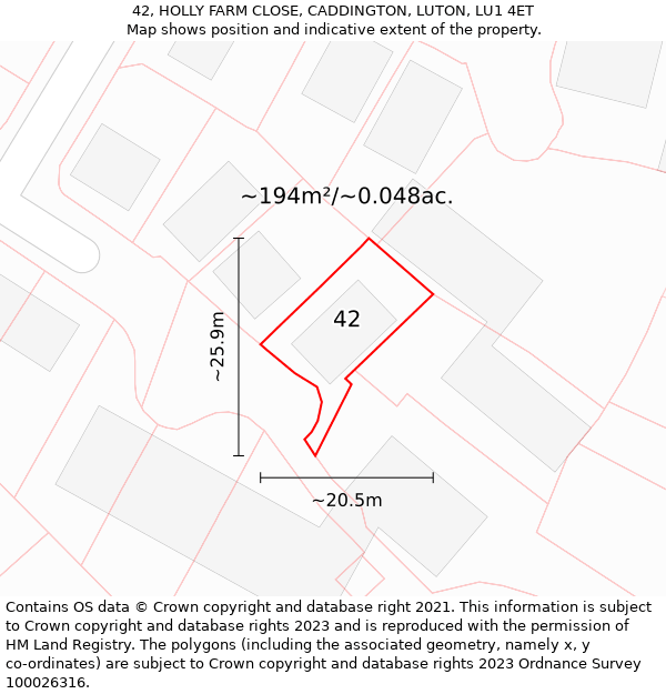 42, HOLLY FARM CLOSE, CADDINGTON, LUTON, LU1 4ET: Plot and title map