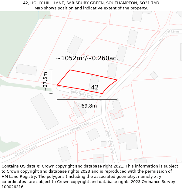 42, HOLLY HILL LANE, SARISBURY GREEN, SOUTHAMPTON, SO31 7AD: Plot and title map