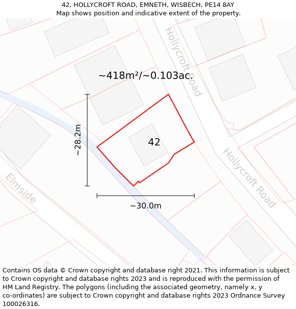 42, HOLLYCROFT ROAD, EMNETH, WISBECH, PE14 8AY: Plot and title map