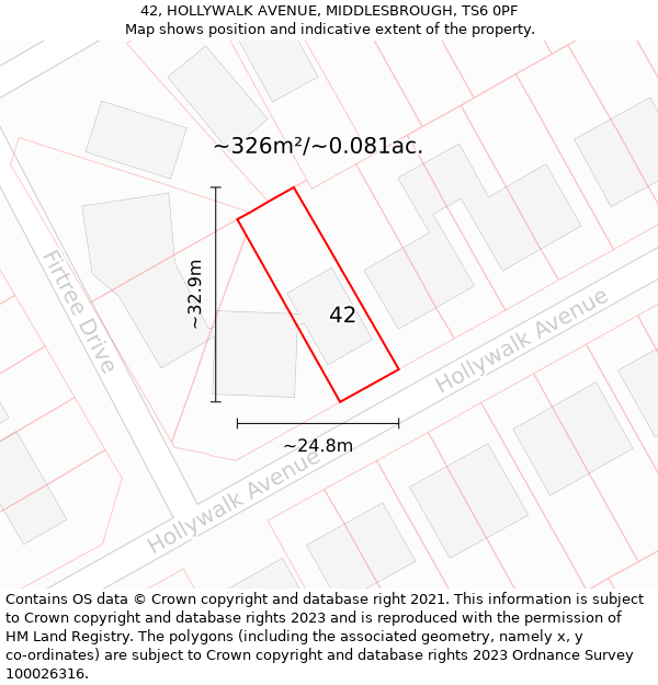 42, HOLLYWALK AVENUE, MIDDLESBROUGH, TS6 0PF: Plot and title map