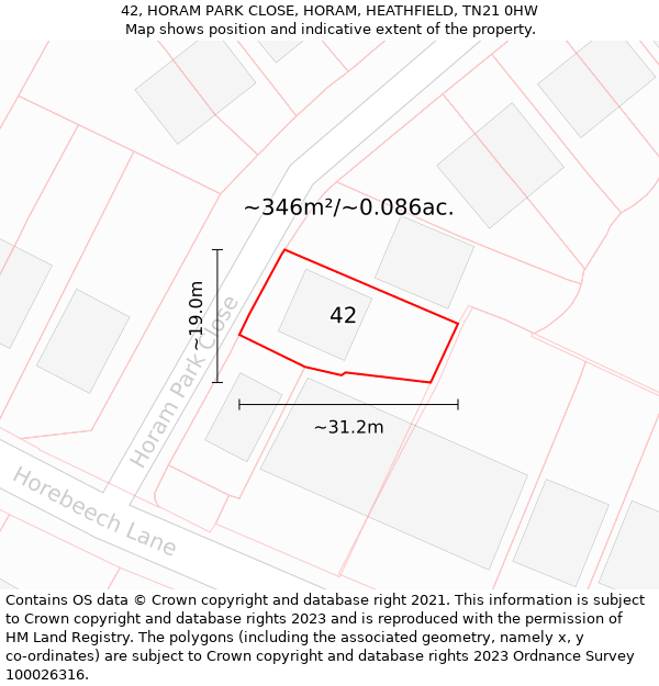 42, HORAM PARK CLOSE, HORAM, HEATHFIELD, TN21 0HW: Plot and title map