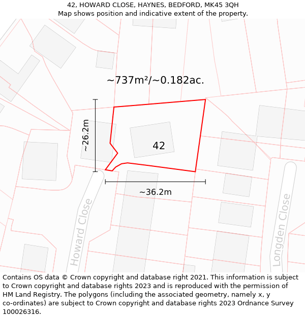 42, HOWARD CLOSE, HAYNES, BEDFORD, MK45 3QH: Plot and title map