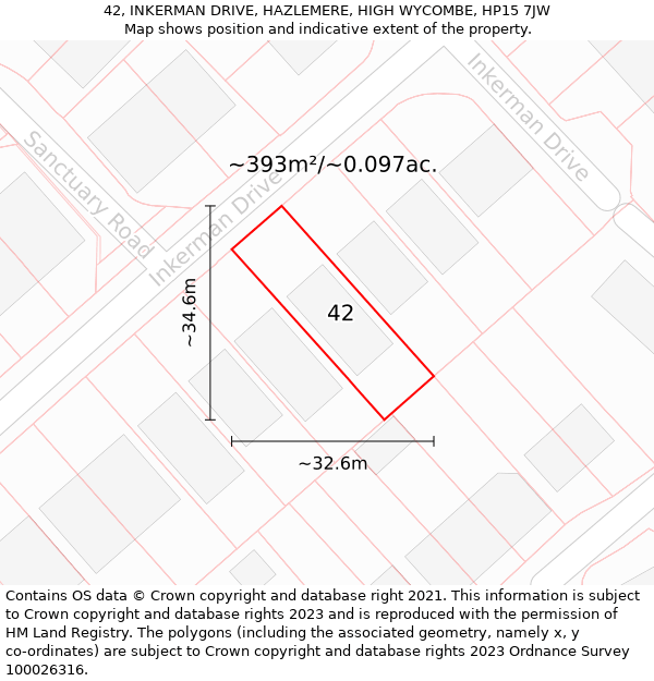 42, INKERMAN DRIVE, HAZLEMERE, HIGH WYCOMBE, HP15 7JW: Plot and title map