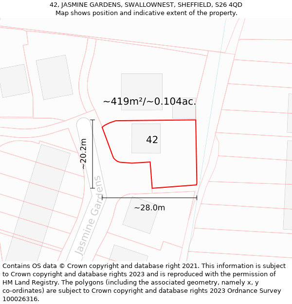 42, JASMINE GARDENS, SWALLOWNEST, SHEFFIELD, S26 4QD: Plot and title map