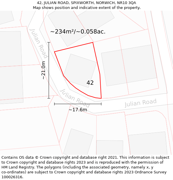 42, JULIAN ROAD, SPIXWORTH, NORWICH, NR10 3QA: Plot and title map