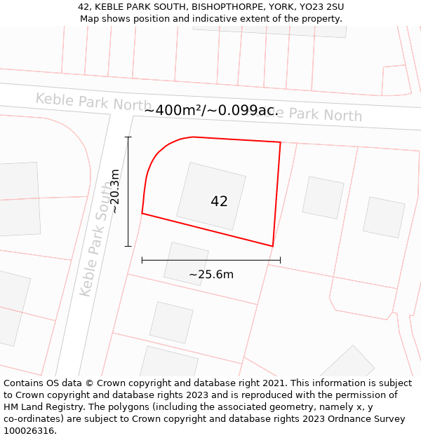 42, KEBLE PARK SOUTH, BISHOPTHORPE, YORK, YO23 2SU: Plot and title map