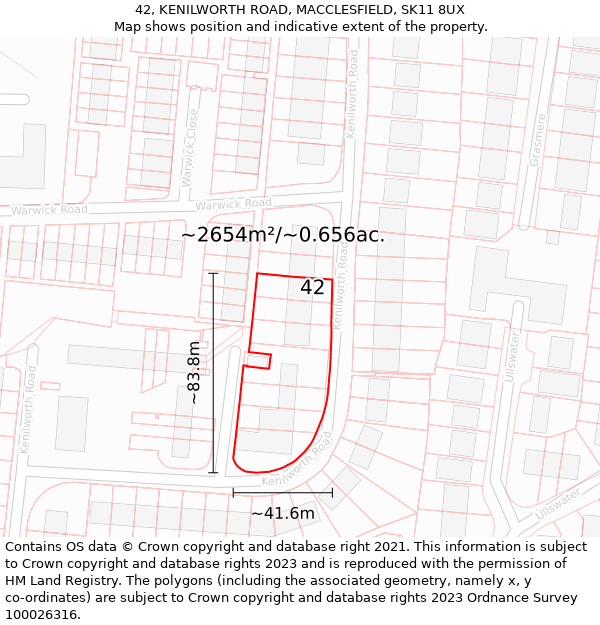 42, KENILWORTH ROAD, MACCLESFIELD, SK11 8UX: Plot and title map