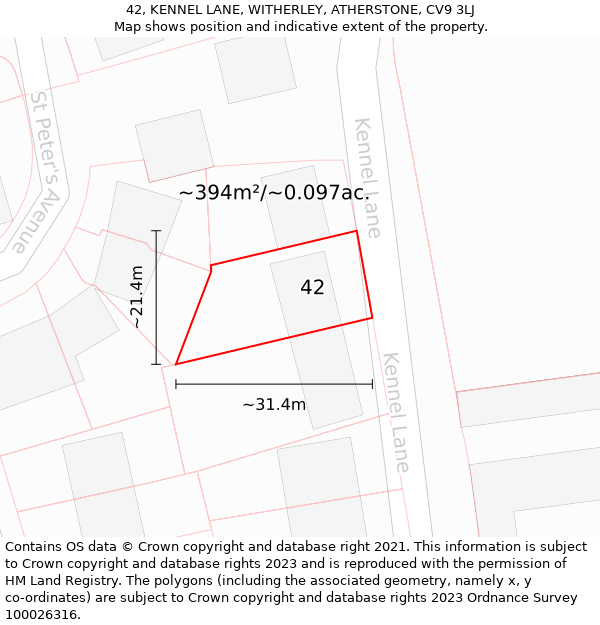 42, KENNEL LANE, WITHERLEY, ATHERSTONE, CV9 3LJ: Plot and title map