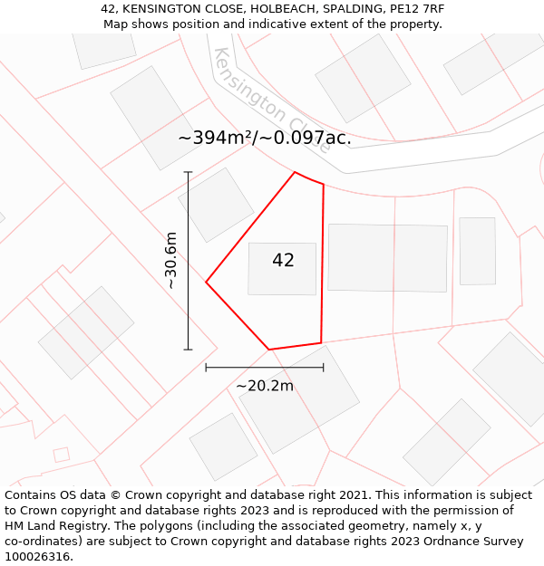 42, KENSINGTON CLOSE, HOLBEACH, SPALDING, PE12 7RF: Plot and title map