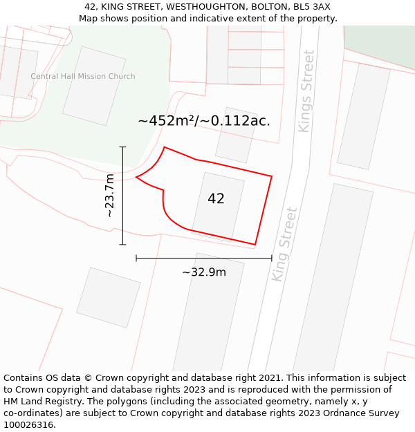 42, KING STREET, WESTHOUGHTON, BOLTON, BL5 3AX: Plot and title map