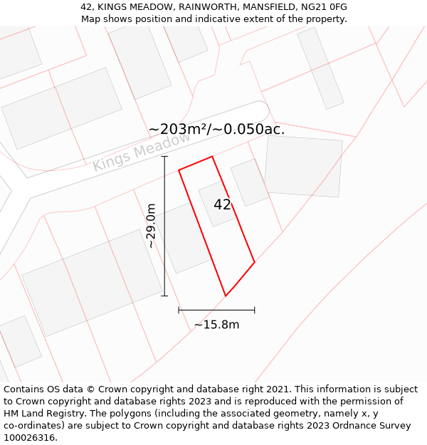42, KINGS MEADOW, RAINWORTH, MANSFIELD, NG21 0FG: Plot and title map
