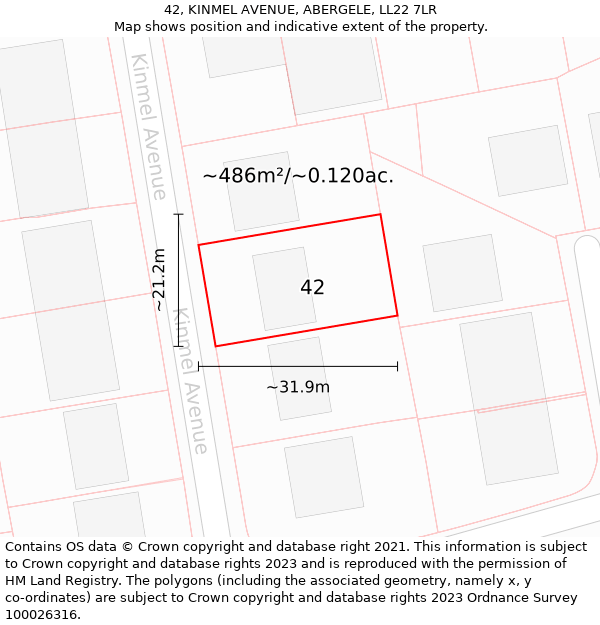 42, KINMEL AVENUE, ABERGELE, LL22 7LR: Plot and title map