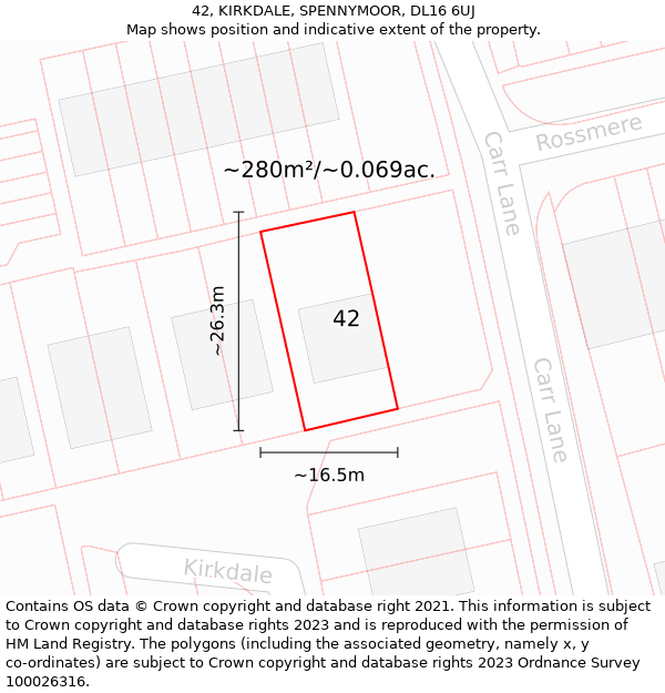 42, KIRKDALE, SPENNYMOOR, DL16 6UJ: Plot and title map