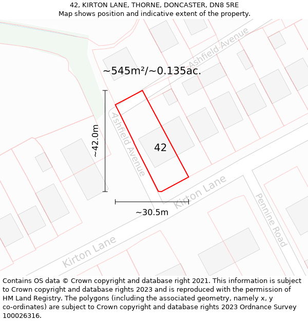 42, KIRTON LANE, THORNE, DONCASTER, DN8 5RE: Plot and title map