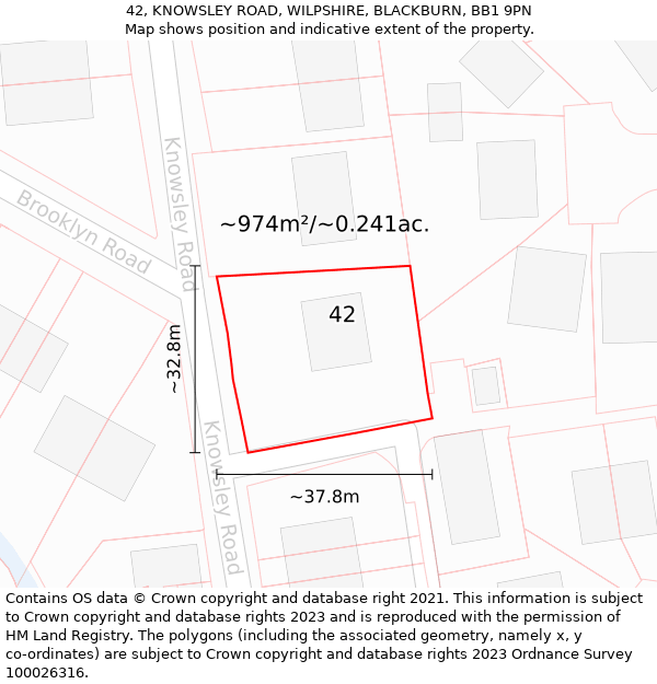 42, KNOWSLEY ROAD, WILPSHIRE, BLACKBURN, BB1 9PN: Plot and title map