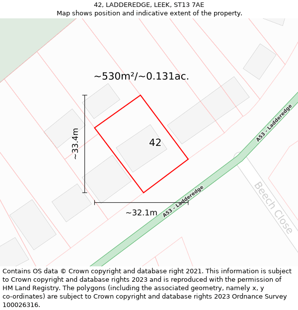 42, LADDEREDGE, LEEK, ST13 7AE: Plot and title map